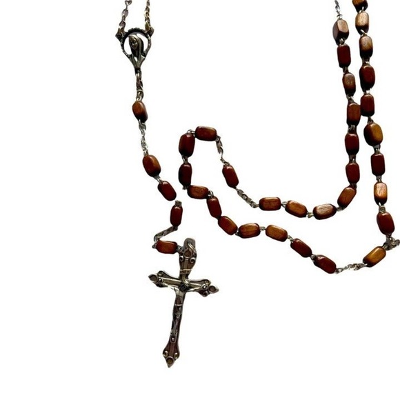 Handmade Jewelry - Rosary Rectangular Wooden Beads With Silver Crucifix and Blessed Mother Italy